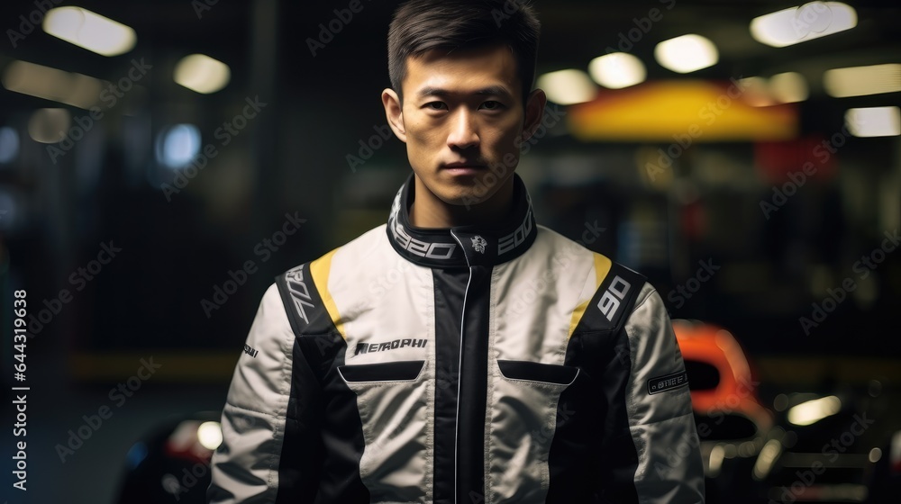 Man in racing dress, Female motorsport car racer standing in race car track. Man in racing dress, Female motorsport car racer standing in race car track.