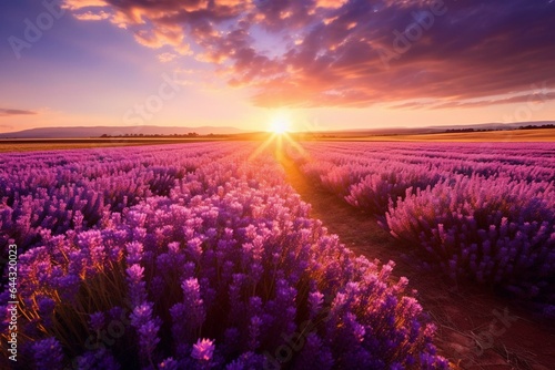 Stunning sunrise over lavender field with beautiful purple flower background and blooming aromatic violet plants. Generative AI