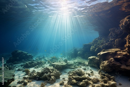 Sunlight beams through water, revealing sandy Mediterranean seabed. Generative AI