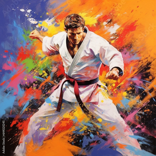 Colorful art design of the sport of karate in the style of paints and splashes