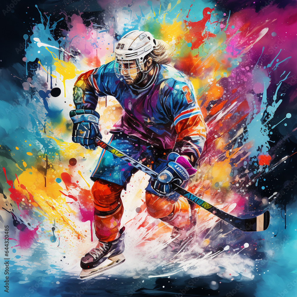 Colorful art design of the sport hockey in the style of paints and splashes