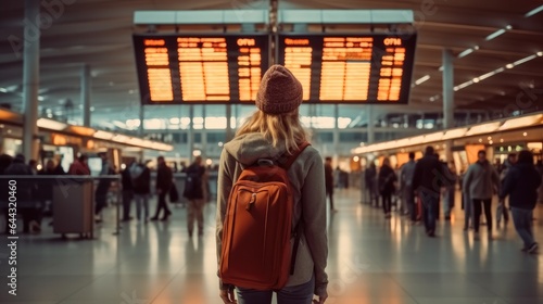 Young woman with backpack looking at flight information at airport.
