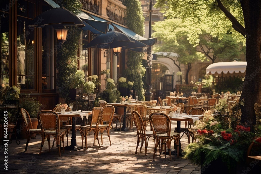 Café terrace with a summery ambiance and outdoor seating. Generative AI
