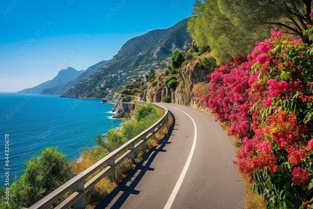 Scenic Amalfi Coast road, summer beauty with blooming flowers in Italy. Generative AI