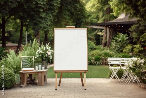 Whiteboard with wedding welcome sign and seating chart mockup, outdoors. Greeting template with clipping path. Generative AI