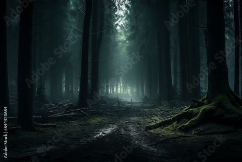 Dark and mysterious forest, panoramic format. Generative AI