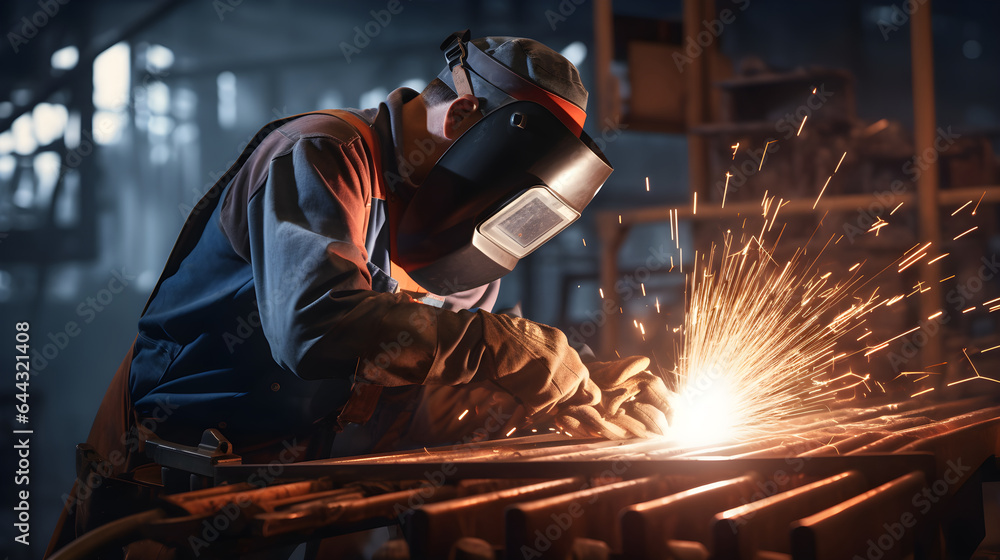 The welder is welding the various parts of the house construction in a factory. The welder is welding the various parts of the house construction in a factory.