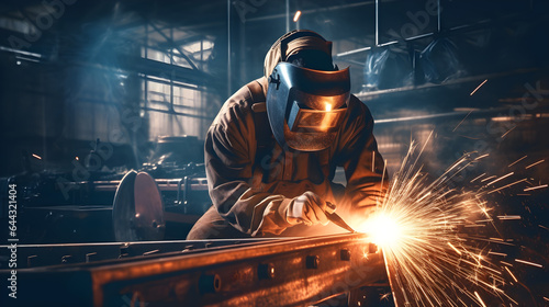 The welder is welding the various parts of the house construction in a factory. photo