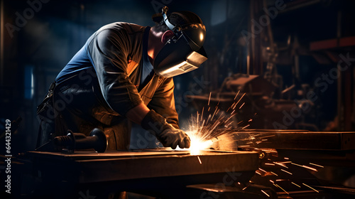 The welder is welding the various parts of the house construction in a factory.