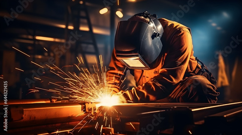 The welder is welding the various parts of the house construction in a factory.