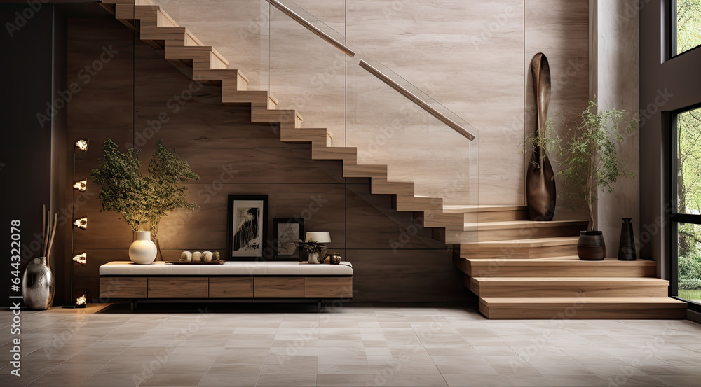 Scandinavian modern minimalist hallway interior design with wooden staircase Scandinavian modern minimalist hallway interior design with wooden staircase