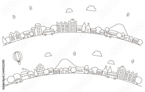 かわいい手描きの街並みイラスト(カーブ、線画)