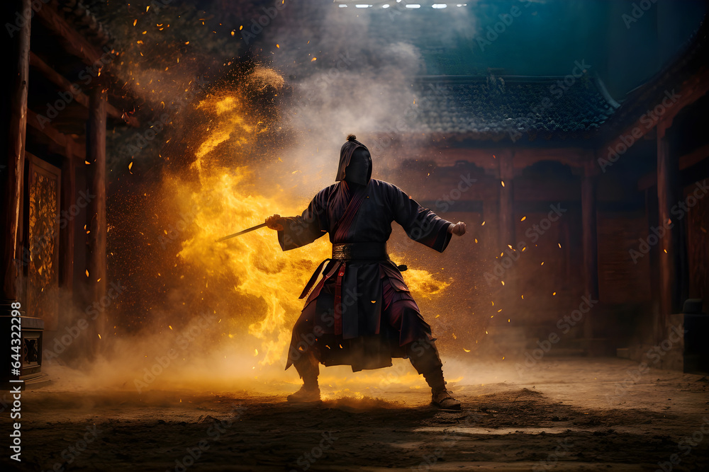 Fototapeta premium silhouette of a mysterious kung fu warrior training in the darkness AI generated image