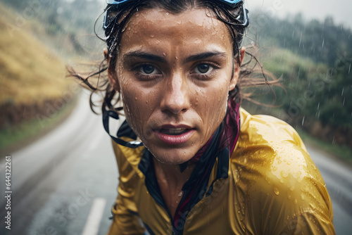 cyclist descending a rain-soaked hill with intense determination AI generated image
