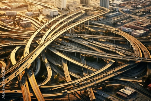An aerial view of a bustling American highway junction, highlighting the nation's effective transport system. Generative AI