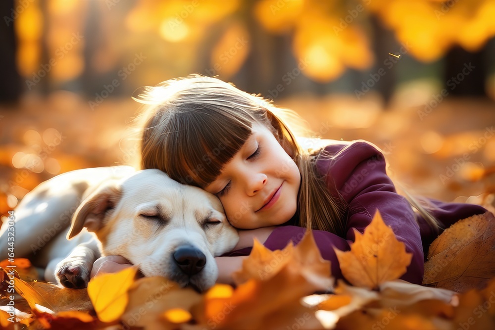 little girl and puppy laying on autumn leaves in park