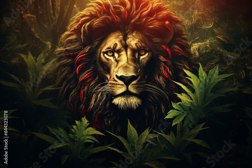 Lion in reggae style surrounded by cannabis leaf signifying legalization and use. Generative AI photo