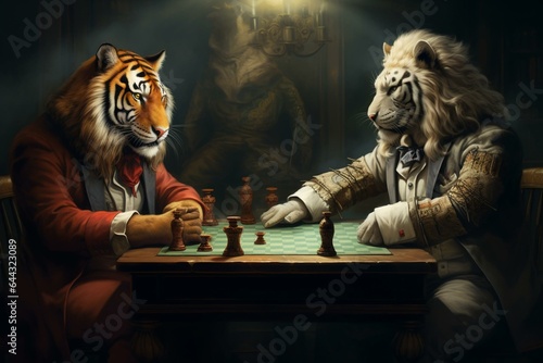 Realistic lion and tiger in formal attire playing chess. Generative AI