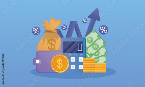 Currency is on the rise. soaring finances higher interest rates.on blue background.Vector Design Illustration.