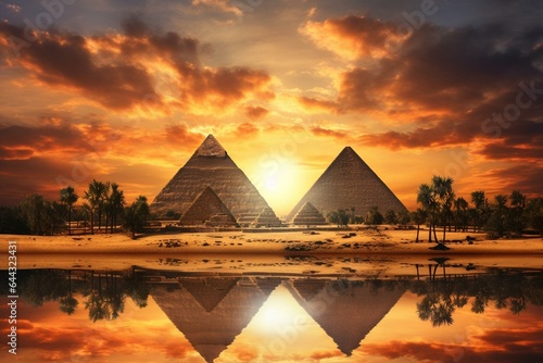 Pyramids rise near the Nile River amidst beautiful nature and cloudy sky in Egypt. Generative AI