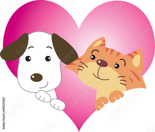 ハートの中の仲良しな犬と猫
