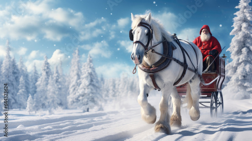Santa Claus rides a horse carriage in the snowy forest. Christmas concept. created by generative AI technology.