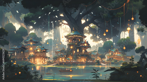 A fantasy village around a giant tree, Tree house, Generative AI