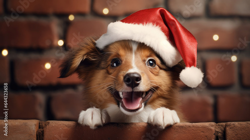 Portrait of cute dog in Santa Claus hat on brick wall background. created by generative AI technology.