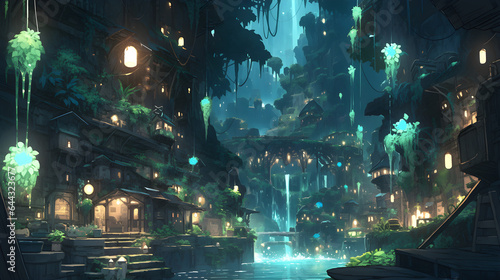 A fantasy town in a cave with flowing river and glowing plants, Generative AI