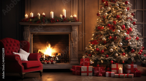 Beautiful Christmas interior with fireplace, gifts and Christmas tree. created by generative AI technology.
