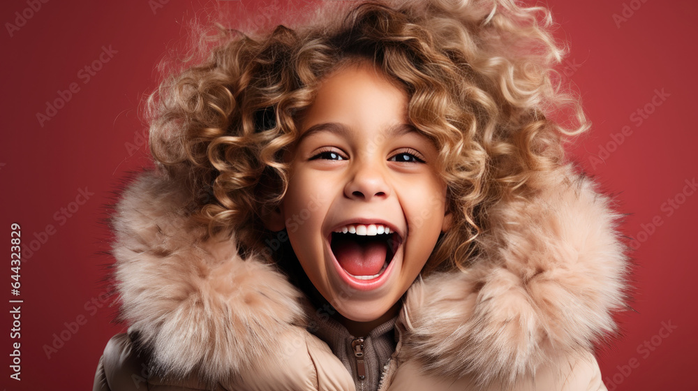 Portrait of a cute little girl in a fur coat on a red background. created by generative AI technology.