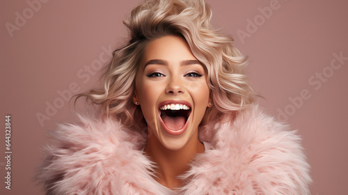 Beautiful young woman in pink fur coat laughing. Studio shot. created by generative AI technology.