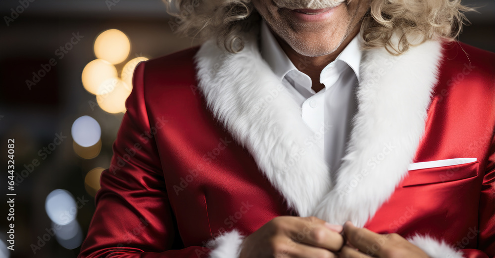 Close-up of senior man wearing Santa Claus clothes in restaurant. created by generative AI technology. Close-up of senior man wearing Santa Claus clothes in restaurant. created by generative AI technology.