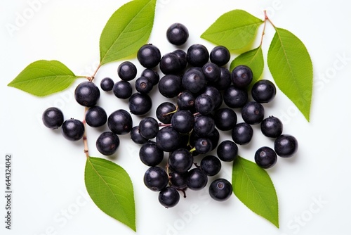 Overhead shot of white bowl full of ripe acai berries and leaves against a white background. Generative AI