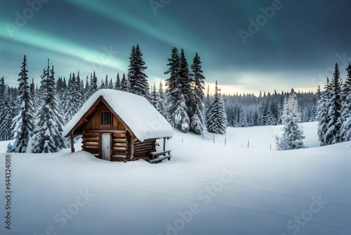 cabin with dog in snowfall © Wajeeha
