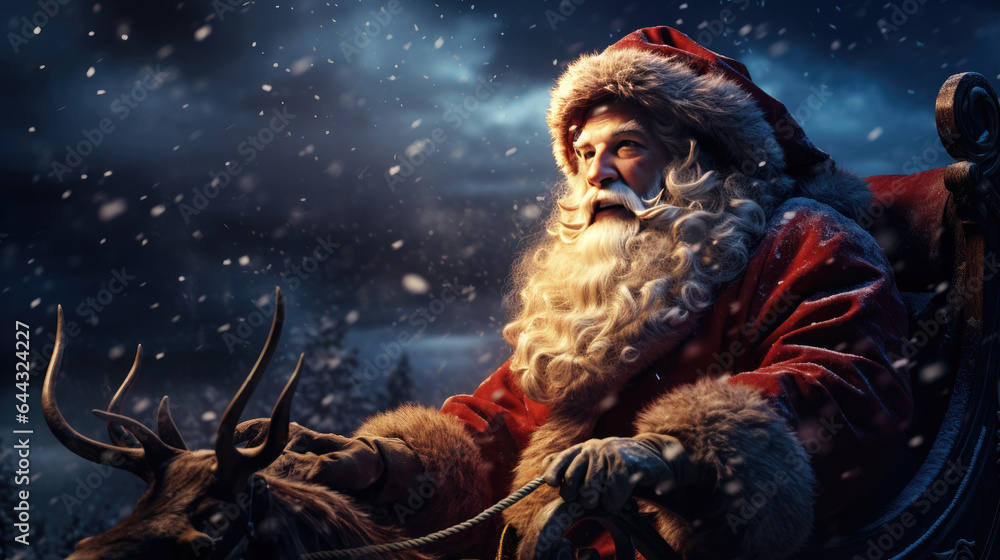 Santa Claus sitting in his sleigh with reindeer at night. created by generative AI technology. Santa Claus sitting in his sleigh with reindeer at night. created by generative AI technology.