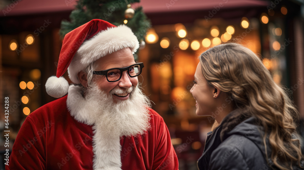 Christmas, holidays, gesture and people concept - smiling man in Santa helper hat talking with woman in cafe. created by generative AI technology. Christmas, holidays, gesture and people concept - smiling man in Santa helper hat talking with woman in cafe. created by generative AI technology.