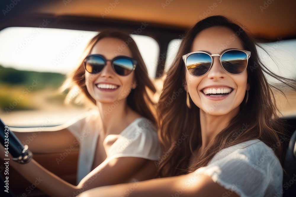 two women sitting in a car on vacation two women sitting in a car on vacation