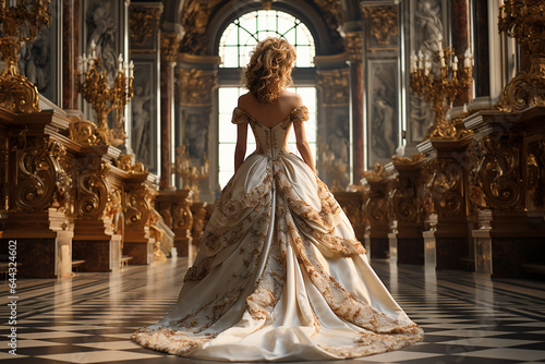 Back View of the Queen Wearing Luxurious Gown Inside the Palace of Versailles AI Generative