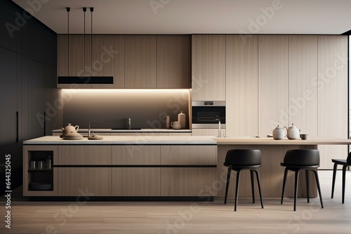 A minimalist kitchen design with a clean and timeless feel. Generative AI photo