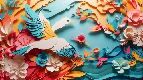 Bird and Flower Paper Art Style Abstract Background Illustration