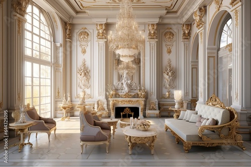 Luxurious royal living space with vintage furnishings, golden accents, and a majestic fireplace, filled with ample sunlight. Generative AI © Cressida