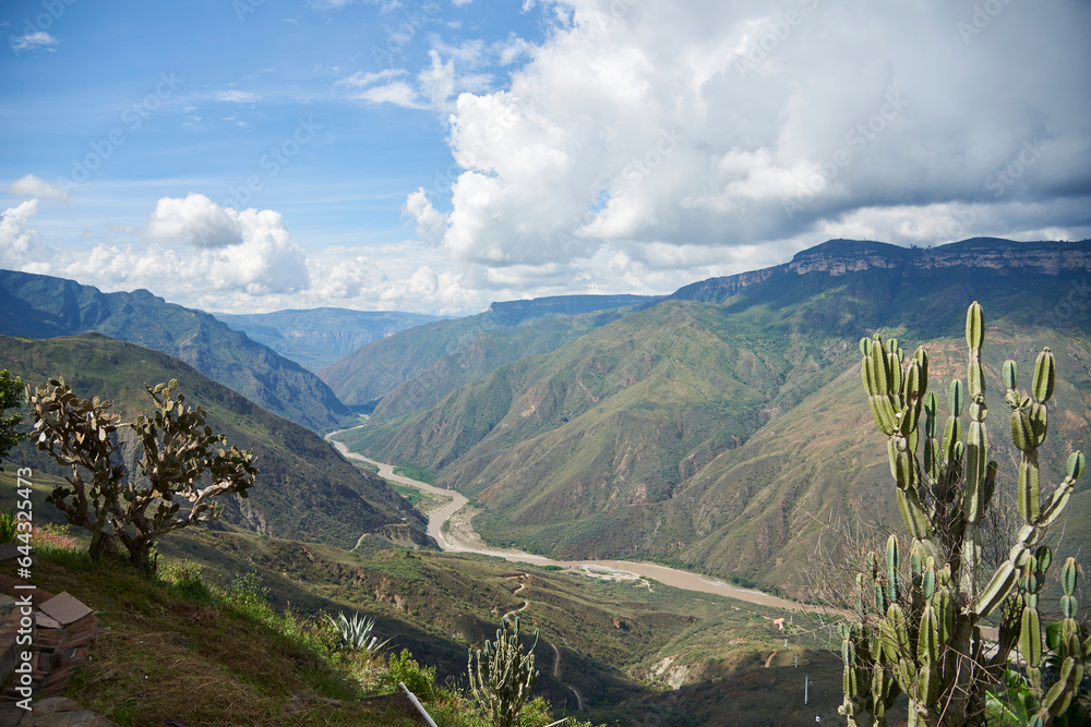 Chicamocha Canyon, mountainous landscape of the Colombian Andes, in Santander, Colombia, under the morning sunlight.