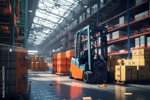 Electric forklift loads goods to truck inside a modern distribution center. Rendered in 3D. Generative AI