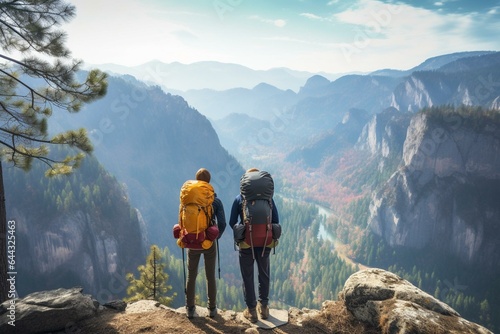 Backpackers amidst scenic landscape. Travel, tourism, camping, rock climbing. Generative AI