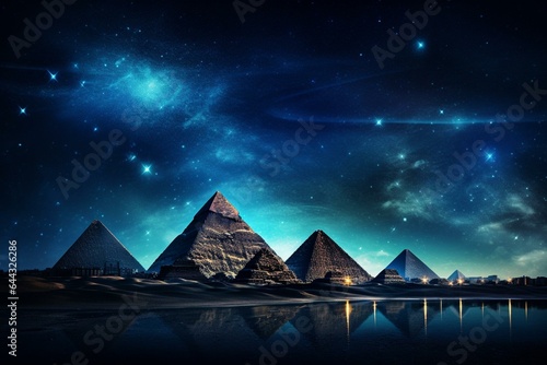 An image capturing the pyramids illuminated under a magnificent starry sky at night. Generative AI