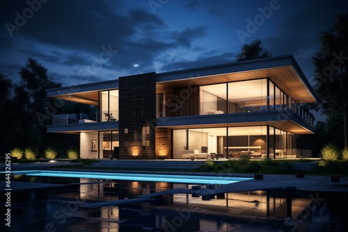 A modern house viewed at night. Generative AI © Ainsley