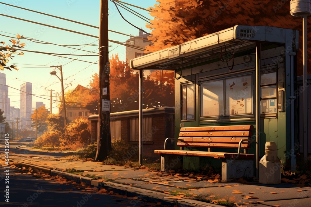 A picture of a bus stop with a street, road, and a bench. Generative AI