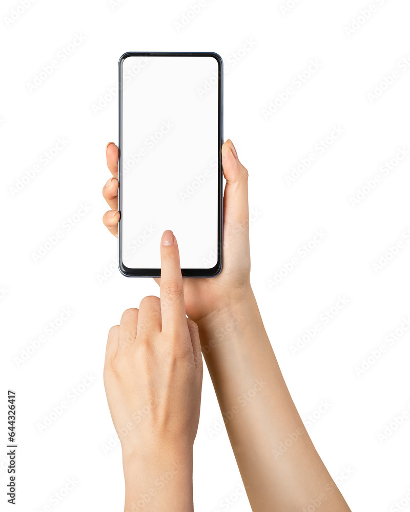Hand holding the black smartphone with mockup of blank screen on isolated background.