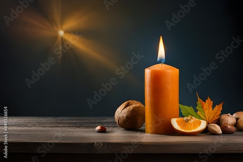 candle with autumn leaf